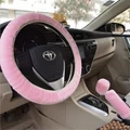 3pcs Handbrake Cover Gear Shift Cover Winter Warm Furry Steering Wheel Cover-Universal Fit 15"/38cm