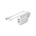 Belkin Boost Charge Dual USB-A Wall Charger 24W + Lightning to USB-A Cable White