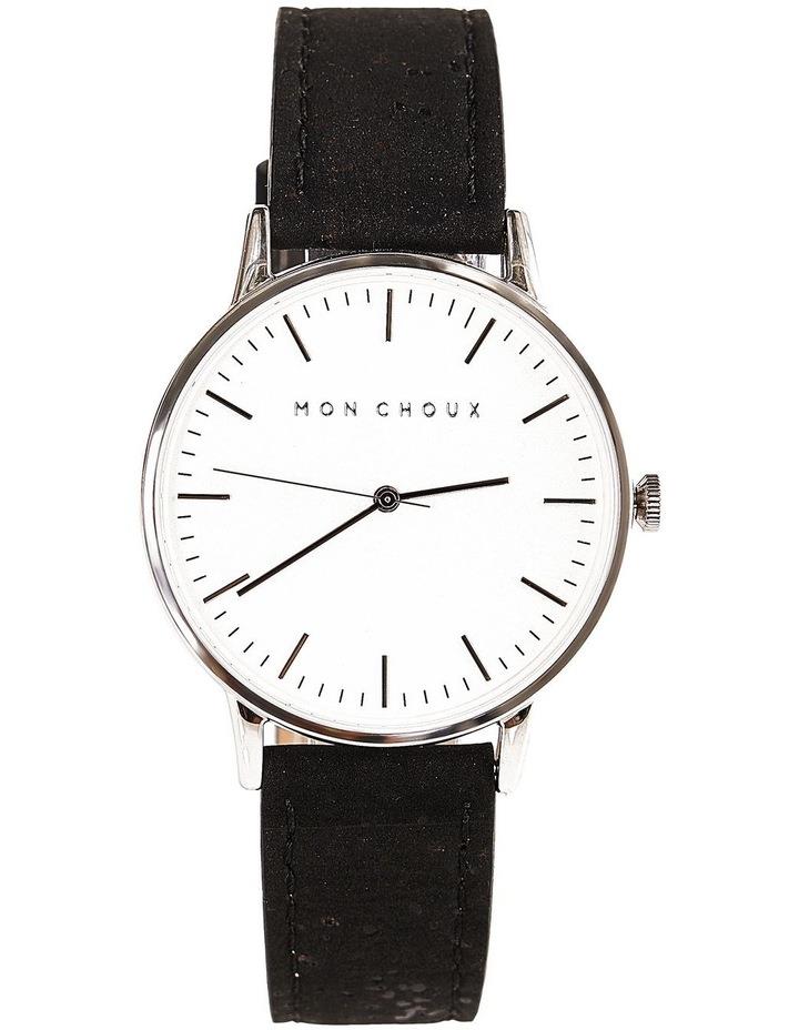 Mon Choux Classic Black Cork Vegan Leather Watch 38mm in White/Silver