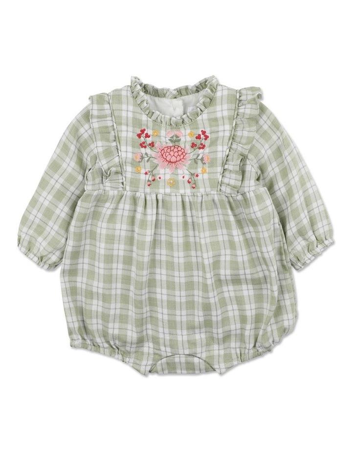 Bebe Faye Embroidered Check Romper in Green 000