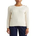 Lauren Ralph Lauren Button Trim Cable Knit Sweater in Beige Natural M