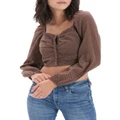 American Eagle Long-Sleeve Ruched Blouse in Brown XS