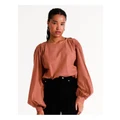 Piper Organic Cotton Woven Puff Sleeve Ruched Blouse in Rust 12