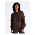 ONLY Wanda Life Long Sleeve Fringe Knit Pullover in Brown L