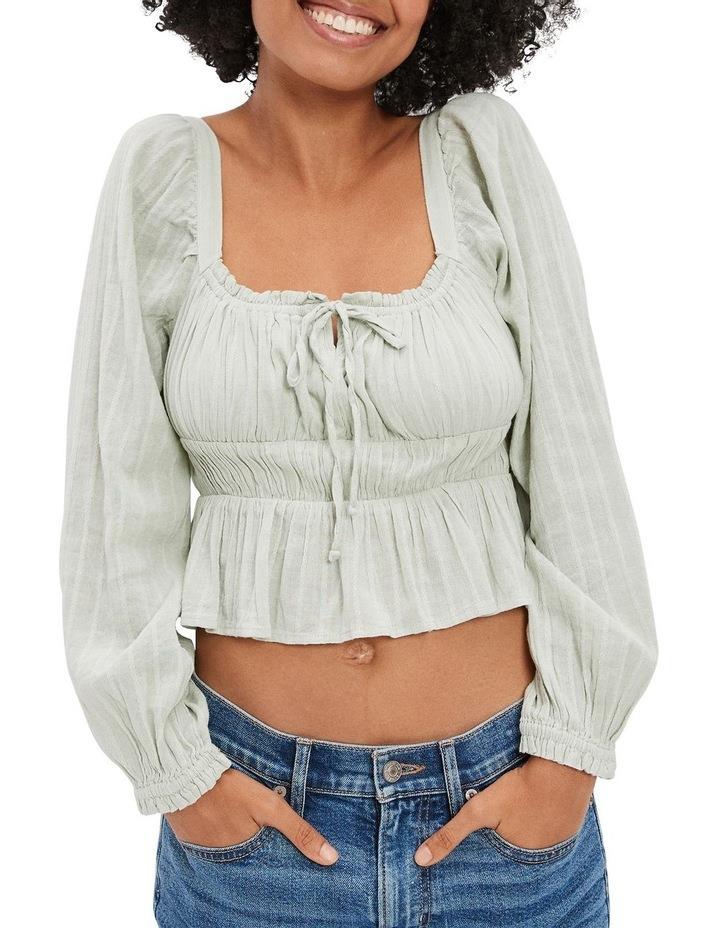 American Eagle Puff-Sleeve Ruched Top in Nomad Olive S