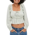 American Eagle Puff-Sleeve Ruched Top in Nomad Olive M