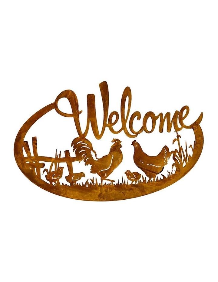 Willow & Silk Chickens Welcome Sign Outdoor Wall Art in Rust