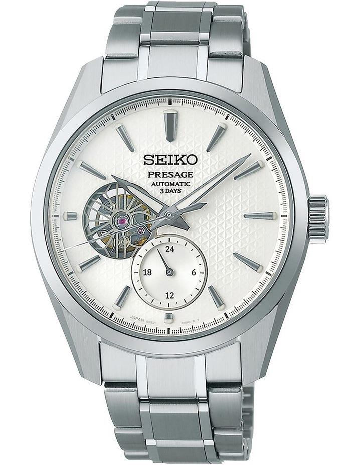 Seiko Presage Sharp Edge Open Heart Dial Watch in White Silver