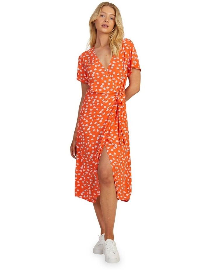 Roxy Indigo Sand Midi Wrap Dress in Tiger Lily Flower Orange XS