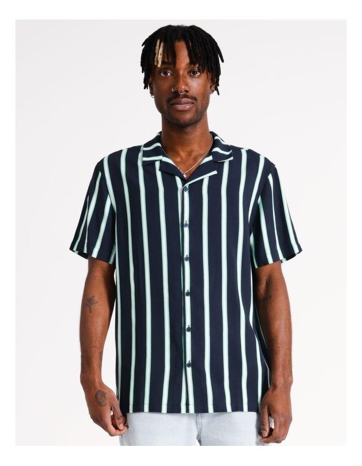 Kenji Sonic Stripe Print Short Sleeve Rayon Shirt in Navy XS