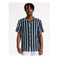 Kenji Sonic Stripe Print Short Sleeve Rayon Shirt in Navy XXL
