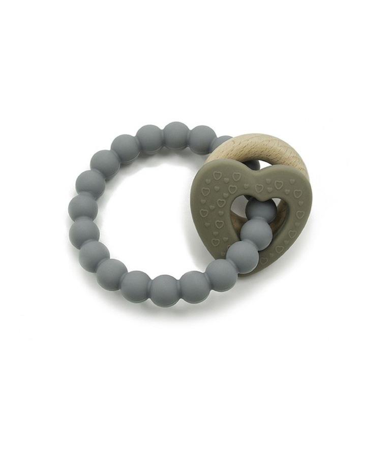 PLAYETTE Silicone & Wood Heart Teether in Grey