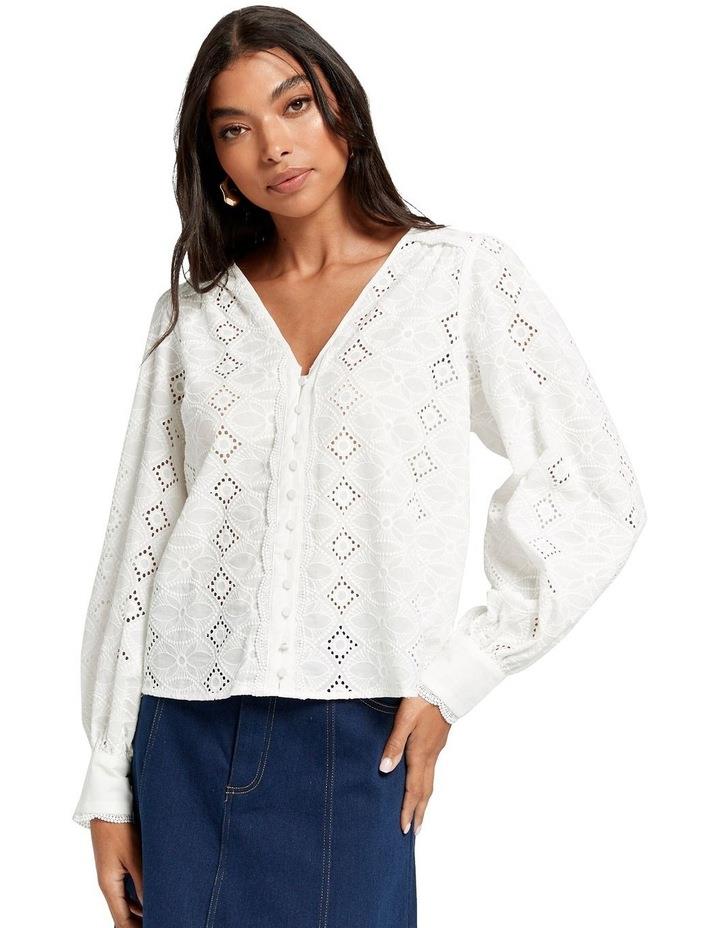 Y.A.S Sally Long Sleeve Cotton Embroidery Top in White S