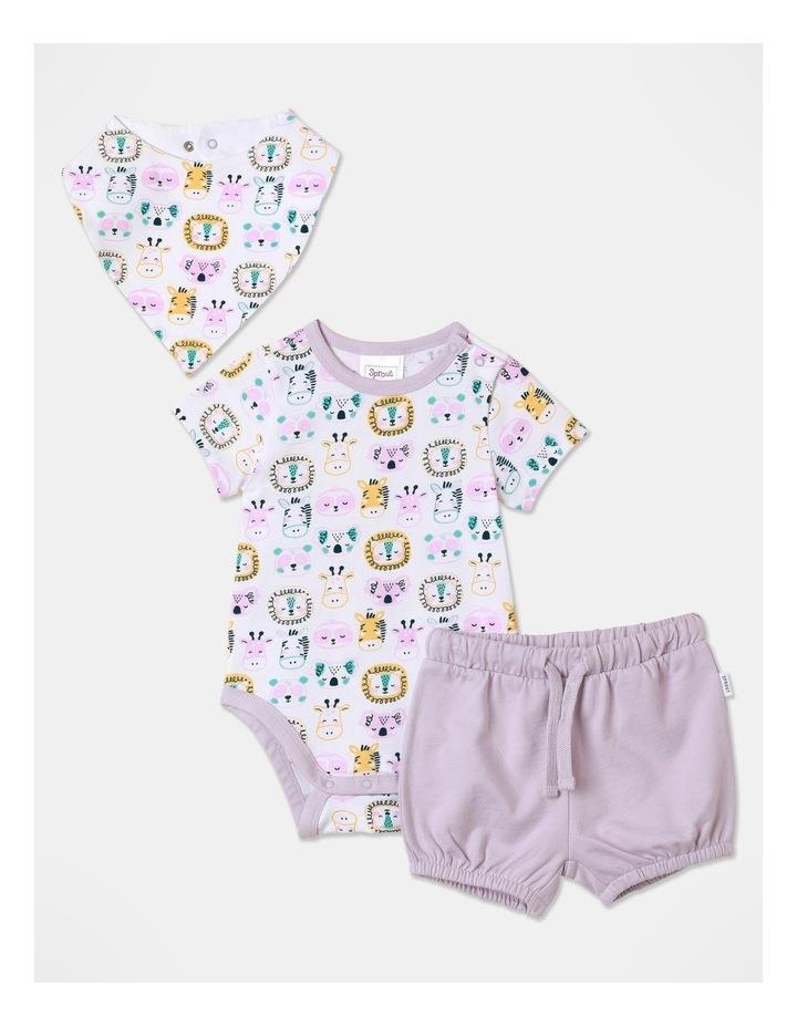 Sprout 3Pc Jungle Animals Bodysuit Short And Bib Set in Orchid 0000