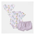 Sprout 3Pc Jungle Animals Bodysuit Short And Bib Set in Orchid 000