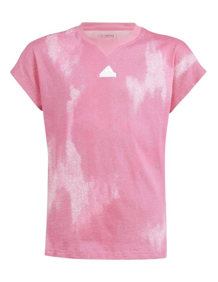adidas Future Icons Allover Print Cotton T-shirt in Pulse Magenta/White Pink 7-8