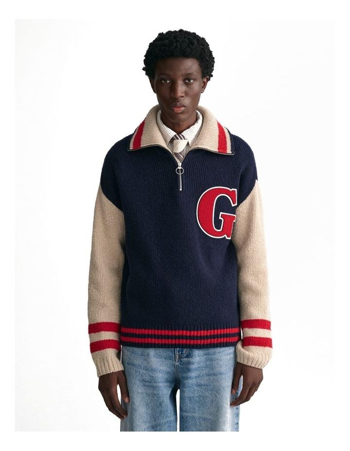 Gant Wool Nepps Letterman Half Zip Sweater in Evening Blue S