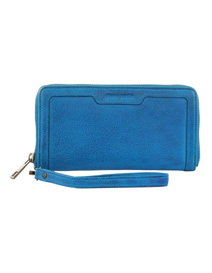 PIERRE CARDIN Leather Zip Around Wallet Wristlet in Aqua Blue