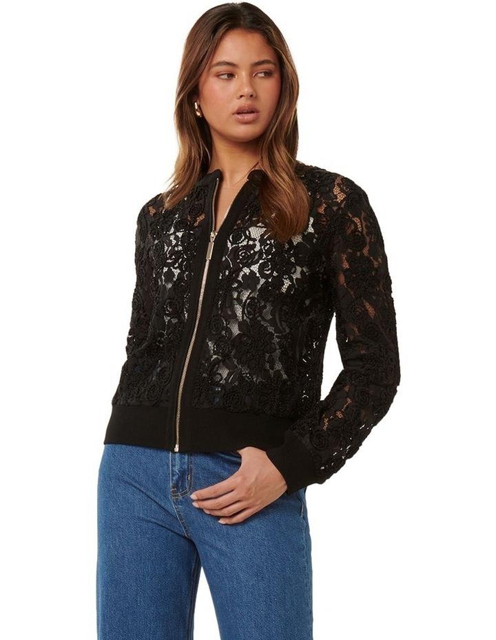Forever New Riley Lace Mixed Knit Bomber Jacket in Black S