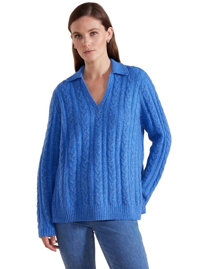 Marco Polo Open Collar Cable Sweater in Blue Quartz Blue S