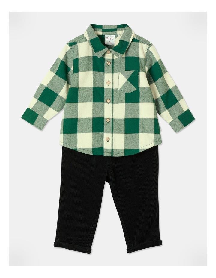 Sprout Flannel Shirt And Cord Pant Set in Green 00
