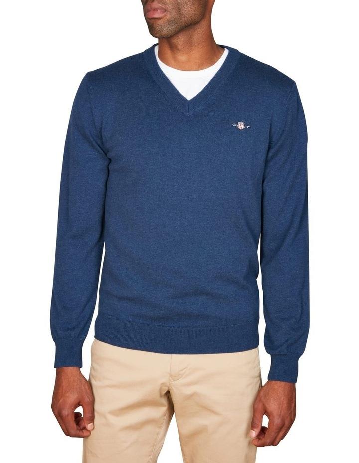 Gant Cotton Wool V-Neck Sweater in Marine Melange Blue XL