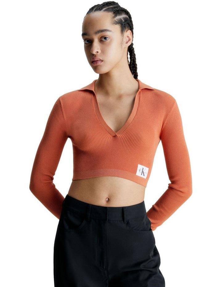 Calvin Klein Jeans Label Tight Crop V-Neck Sweater in Burnt Clay Brown XS