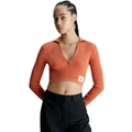 Calvin Klein Jeans Label Tight Crop V-Neck Sweater in Burnt Clay Brown M
