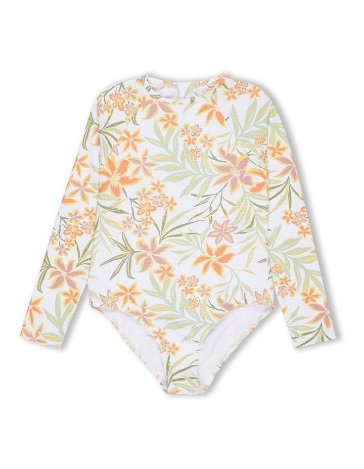 Roxy Floral Horizon Long Sleeve Onesie Rash Vest in White 8