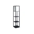 Sarantino Etagere Floor Lamp Shelves Black Frame Tapered Linen Brown Fabric Shade Stand
