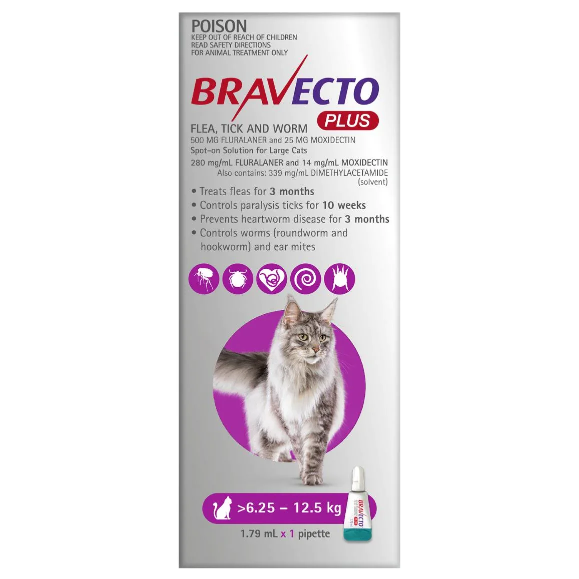Bravecto Plus Flea, Tick & Worming Treatment 6.25-12.5kg Cat - 2pk