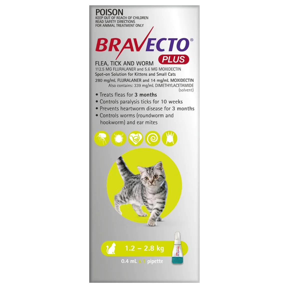 Bravecto Plus Flea, Tick & Worming Treatment 1.2-2.8kg Cat 2 Month Pack - 1pk