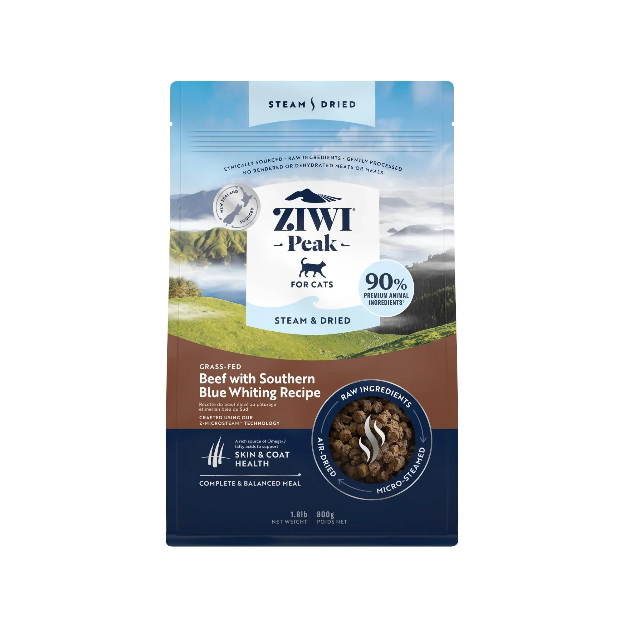 Ziwi Peak Steam & Dried Grass-fed Beef with Southern Blue Whiting Dry Cat Food - 800g