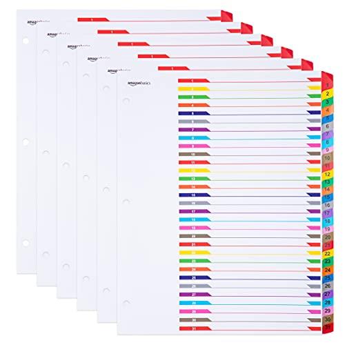 Amazon Basics 31 Tab Dividers for 3 Ring Binder, Customizable Table of Contents Page, Multicolor, 6-Pack