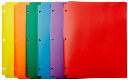 Amazon Basics Plastic 3 Hole Punch Folders with 2 Pockets, Multicolor Pack of 6