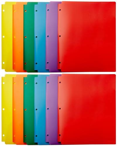 Amazon Basics Plastic 3 Hole Punch Folders with 2 Pockets, Multicolor Pack of 12