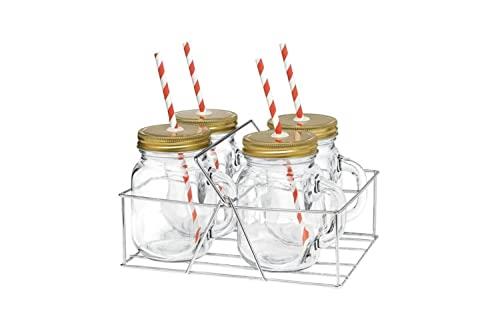 Avanti Mason Jar with Handle and Candy Stripe Straw 4 Piece Set in Caddy