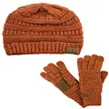 C.C Unisex Soft Stretch Cable Knit Beanie and Anti-Slip Touchscreen Gloves 2 Pc Set, Confetti Rust