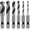 NEIKO 11401A 6 Piece Brad Point Drill Bit Set, Stubby Drill Bit Set for Wood, 1/4" Quick Change Hex Shank, HSS 4241 High Speed Steel for Quick Change Chucks and Drives, Drill Bit Holder Included