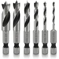 NEIKO 11401A 6 Piece Brad Point Drill Bit Set, Stubby Drill Bit Set for Wood, 1/4" Quick Change Hex Shank, HSS 4241 High Speed Steel for Quick Change Chucks and Drives, Drill Bit Holder Included