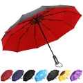 YumSur Compact Travel Umbrella - Windproof, Reinforced Canopy, Tested in 60mph Winds, Strong Reinforced Windproof Umbrella, One Touch Auto Open/Close for Men & Women, Double Canopy Red, X Large,