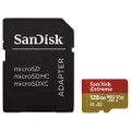 Sandisk Extreme microSDXC, SQXA1 128GB, V30, U3, C10, A2, UHS-I, 160MB/s R, 90MB/s W, 4x6, SD Adaptor, Lifetime Limited, Action Cam/Drone SKU, Red/Gold (SDSQXA1-128G-GA)