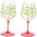 C.R. Gibson QWG-20872 Tropical Pink Flamingo and Palm Leaf Plastic Wine Glass Set, 2pcs, 16 oz, 3.5'' W x 8.75'' H Red