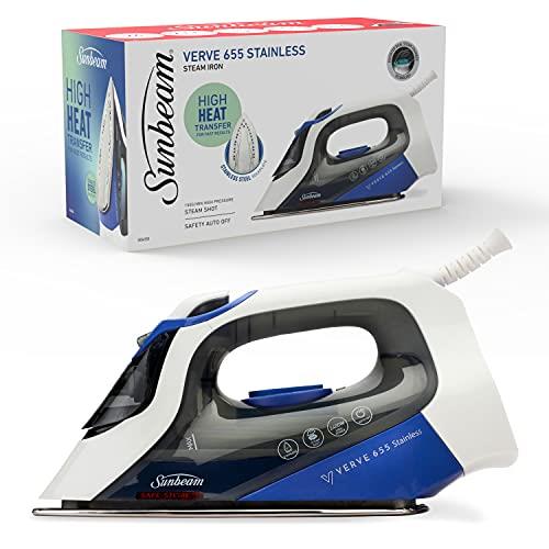 Sunbeam Verve Stainless Steam Iron | Durable Stainless Steel Soleplate, 150g/min Steam Shot, 300mL Tank, 2400W Fast Heat-Up, Safe Store Indicator, Auto-Off, Blue SRS6550