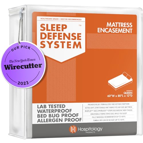 HOSPITOLOGY Products Mattress Encasement - Zippered Bed Bug Dust Mite Proof Hypoallergenic - Sleep Defense System - Queen - Waterproof - Stretchable - Standard 12" Depth - 60" W x 80" L