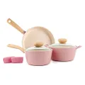 Neoflam Retro 5-Piece Ceramic Nonstick Cookware Set, PFOA Free Pots and Pans with Integrated Steam Vent Lid knob prevents boil over and Heat Resistant Silicone Grips for safer cooking at kitchen, Pink