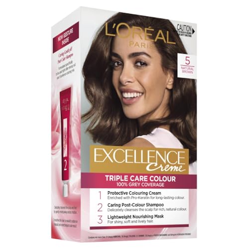 L'Oreal Paris Excellence Creme Permanent Hair Dye, 3 Natural Darkest Brown, Radiant At-Home Hair Colour with up to 100% Grey Coverage & 8 Weeks Rich Long-Lasting Colour, Pro-Keratin & Hyaluronic Acid