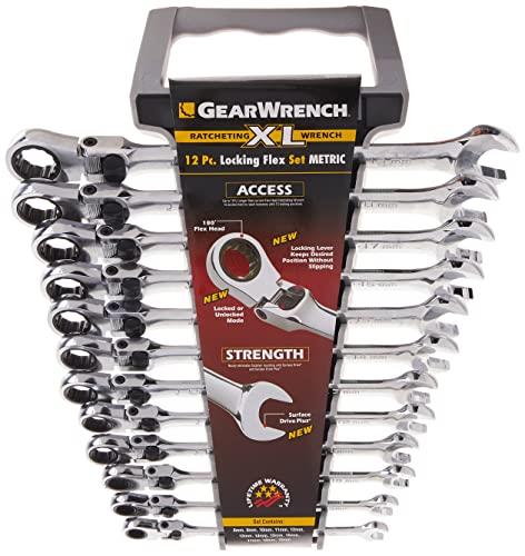 GEARWRENCH 12 Point XL Locking Flex Head Ratcheting Combination Metric Wrench 12-Pieces Set, Silver, 85698