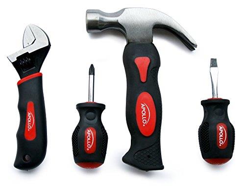 Apollo Tools DT0240 Stubby Tool Set, 4-Piece, with Hammer, Screwdrivers and Adjustable Wrench
