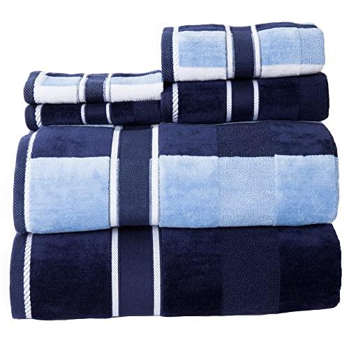 6PC Towel Set - Absorbent Cotton Bathroom Accessories with Bath Towels, Hand Towels, and Wash Cloths - Solid and Striped Towels by Lavish Home (Navy)